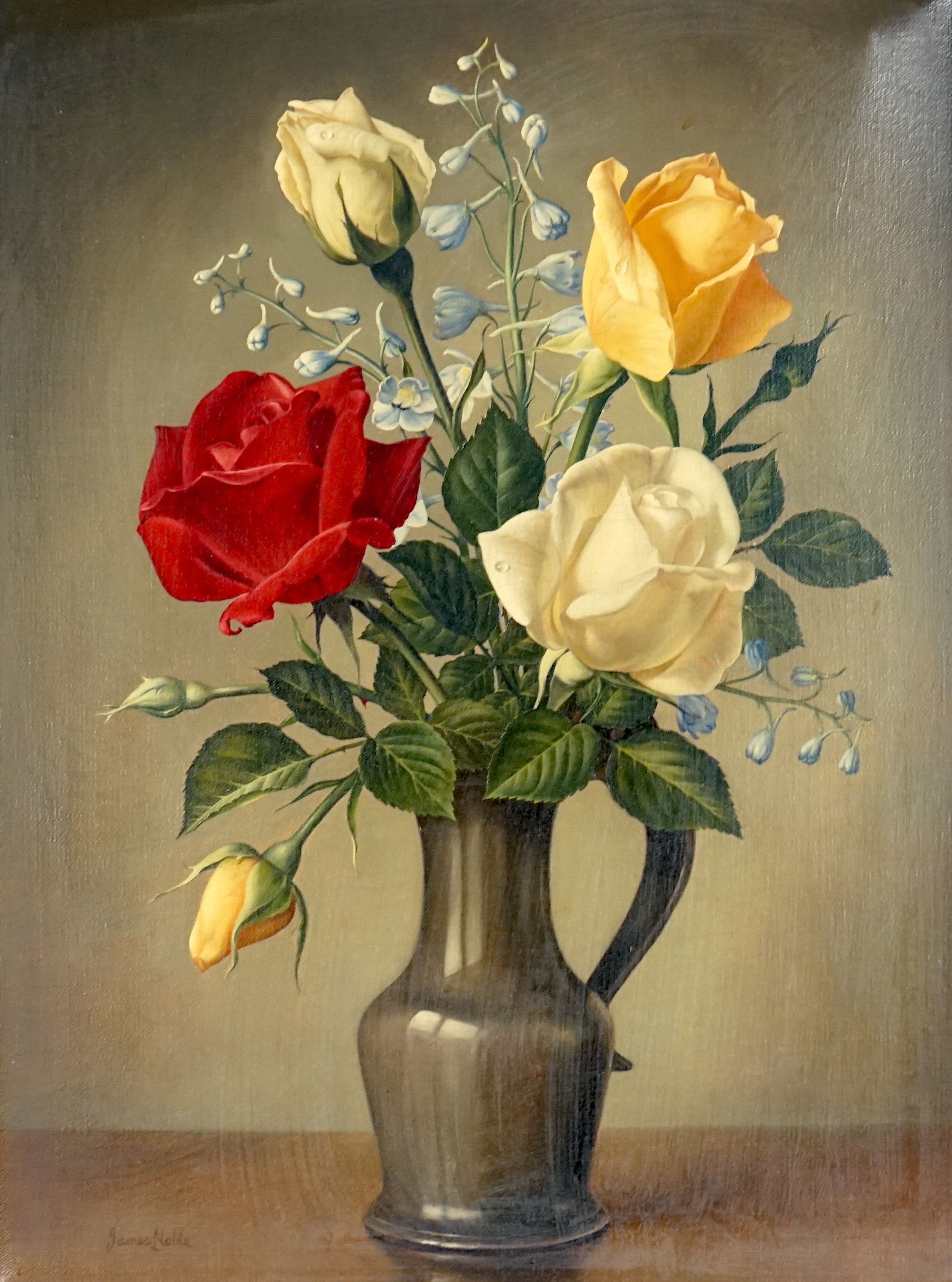 James Noble (1919-1989), oil on canvas, Roses in a pewter jug, signed, Stacy Marks label verso, 40 x 30cm